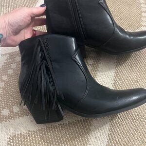 Indigo Rd. Black Fringe Ankle Boots — Zip, Block Heel